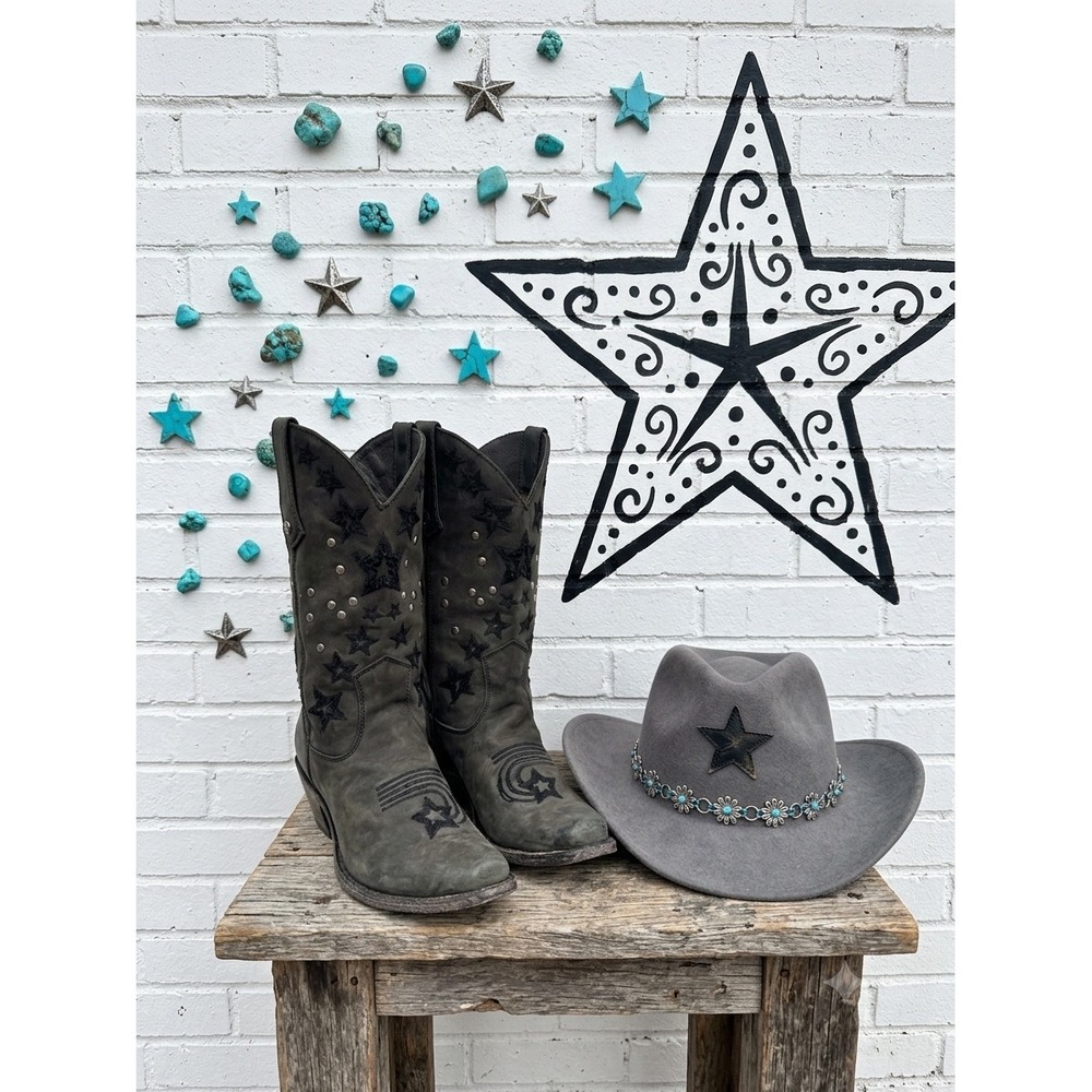 Liberty‎ Black Star Studded Boho Leather Cowboy Boots Charcoal Grey festival 8